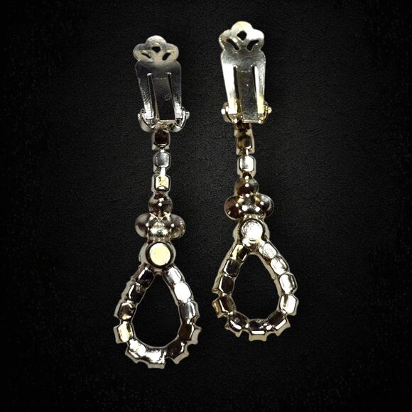 Vintage Pearl & Rhinestone Clip-On Dangle Earrings Sparkly Long Statement - Picture 5 of 6
